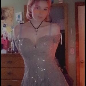 Not Rated Sparkling Off-Shoulder Lace Prom Dress in Silver